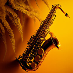 Naklejka premium Saxophone on a yellow background. Generative AI.