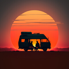 Fototapeta na wymiar Silhouette of a camper van at sunset. Roadtrip. Generative AI.