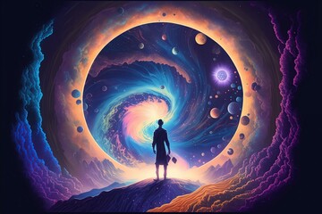 trippy psychedelic art astral projection higher dimensions, High Quality illustration. Generative AI