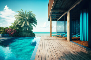 Wooden terrace with a pool and modern vacation house. Postproducted generative AI digital illustration.