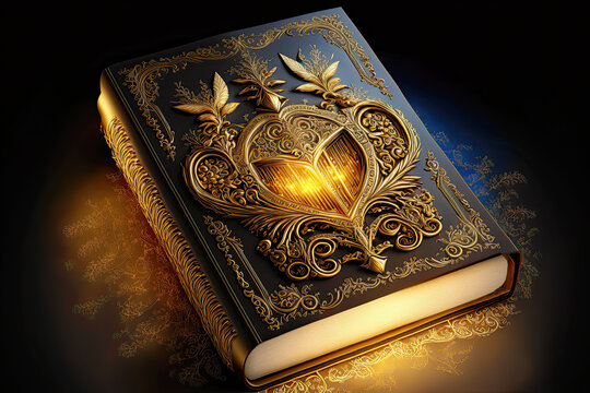Golden decorated ancient and holy book on black background. Postproducted generative AI digital illustration.