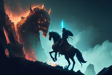 A knight with his horse standing on the dark skull cliff