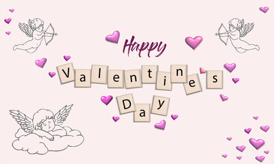 illustration for valentine's day, with pink hearts on a light background, with cherubs (with angels)