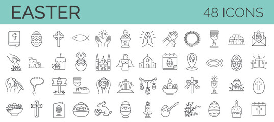 Set of 48 easter line icons. Spring, holidays, Christ, God, Christianity. Collection of editable stroke icons. Vector illustrator. - obrazy, fototapety, plakaty