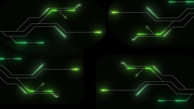 Digital Data moving on Circuit Board and CPU loop backgrounds. Computer Processing and organizing data. Abstract high tech Artificial intelligence (AI), data mining, neon glow circle place for text