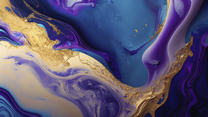 Luxurious fluid art in gold, blue and purple paint. Divorces and waves, mixing colors. Abstract liquid fluid art background.