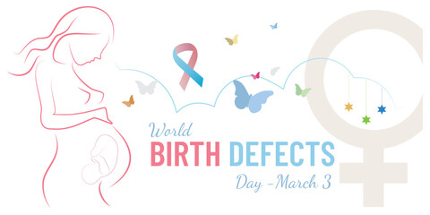 World Birth Defects Day -March 3
Silhouette pregnant woman surrounded by representative bow, butterflies, stars in childish tones