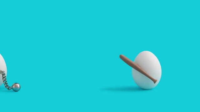 Funny Easter concept, white eggs with baseball bat and medieval mace 4k.