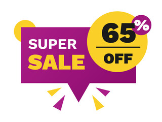 super sale 65 percent off discount, stripe, price balloon,square  purple and yellow