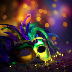 Mardi gras party decor. Carnival mask and beads. generative ai