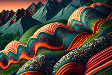 Wool fabric, yarn and sewing material for crochet and knitting of vibrant colorful landscape with majestic mountains, rolling hills, vineyards, and river closeup