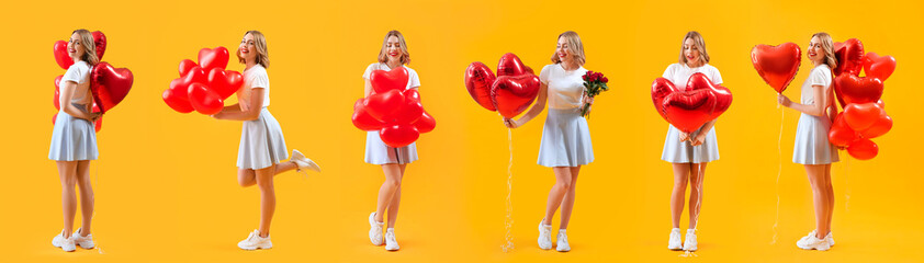 Set of beautiful young woman with heart-shaped balloons on yellow background. Valentine's Day