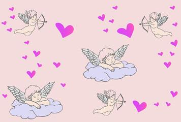Fototapeta na wymiar seamless pattern with cherubs (with angels) and pink hearts on a light background, for valentine's day, mother's day, for gift wrapping, for textiles, vector image