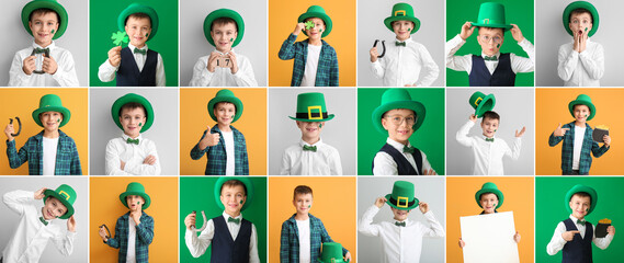 Collage of funny little boy celebrating St. Patrick's Day on color background