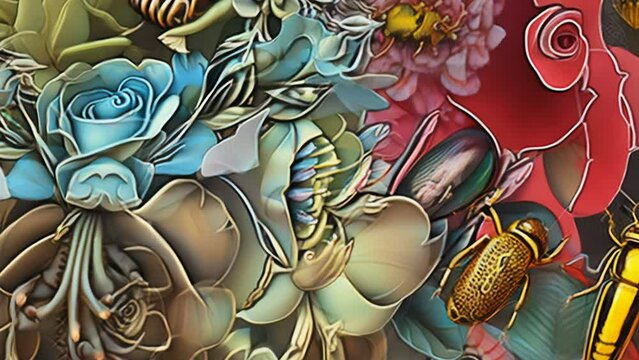 Generative ai motion animation of surreal painting of flowers and beetles. Digital image painted manipulation impressionism style.