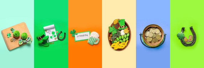 Festive collage with tasty sweets and symbols of St. Patrick's Day on color background