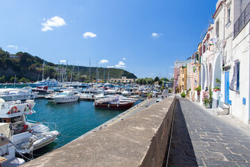 Fototapeta na wymiar View of boats in harbor, Procida, Italy. Italian Islands.