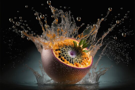 passion fruit falls into the water and creates splashes,generative ai