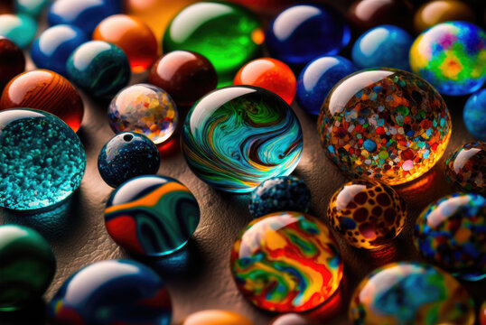 glass marbles with stripes closeup background