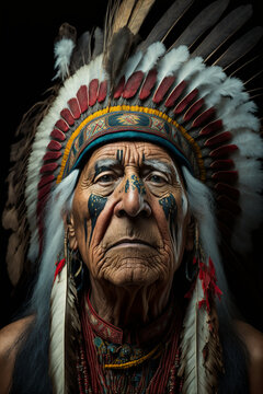 front portrait of studio photograph of an old aged muscular masculine native American Indian chief shaman with headdress