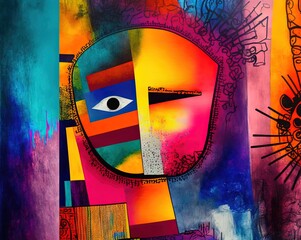 artistic illustration of abstract surreal face in colorful them idea for funky modern background wallpaper Generative Ai