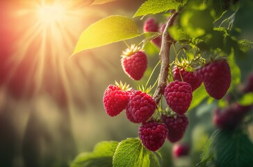 raspberry fruit with light and blurred nature background Generative Ai - obrazy, fototapety, plakaty