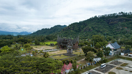 Aerial view of Istano Baso Pagar Ruyung, a heritage building with traditional Minangkabau design at Tanah Datar. Rumah Gadang Istana Basa Pagaruyung