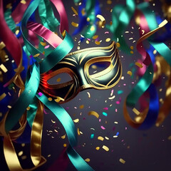 Carnival theme with gold and dark blue mask with streamers and confetti in scene with lights