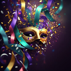 Carnival theme with gold mask with streamers and confetti in vivid colors on purple background