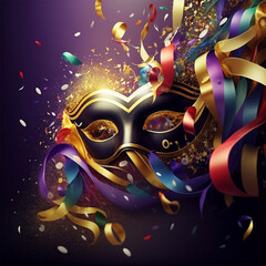 Carnival theme with purple and gold mask with streamers and confetti in vivid colors on purple background