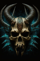 Naklejka premium a skull with horns and fangs on a black background , art illustration 