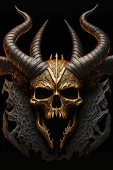 a skull with horns and fangs on a black background , art illustration 