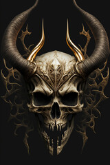 a skull with horns and fangs on a black background , art illustration 