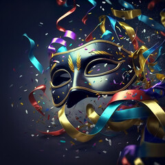 Carnival theme with dark blue and gold mask with streamers and confetti in vivid colors on blue background