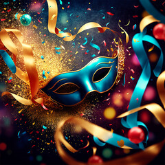 Carnival theme with gold and blue mask with streamers and confetti in vivid colors scene with lights