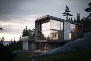 luxury modern home building close to nature in rural countryside with nature landscape  Generative Ai