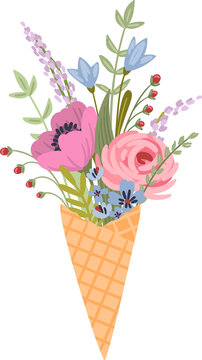 Bouquet of flowers in a waffle cone. Illustration
