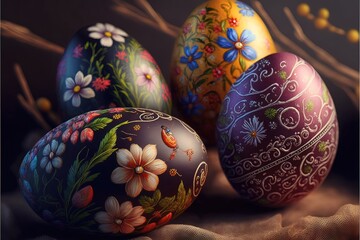 Picturesquely painted eggs for Easter. Floral motifs. AI