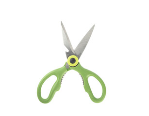 Kitchen scissors with plastic green handles on a white background.