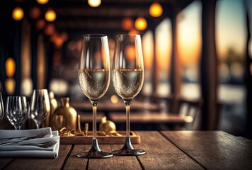 two champagne glass on wooden table with restaurant background  Generative Ai