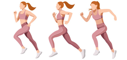 vector set images of a beautiful slender girl in a sports uniform (leggings and a sports bra) is engaged in fitness, sports, trains isolated on a white background. woman runs. morning run. jogging.