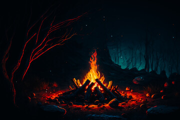 A close up of a campfire with a person roasting marshmallows, surrounded by the dense forest