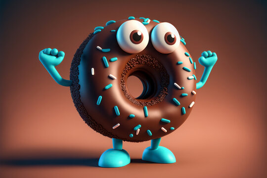 Funny chocolate donut cartoon character. Generative AI.