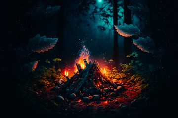 Fototapeta na wymiar A night time shot of a small campfire burning in the middle of dense forest