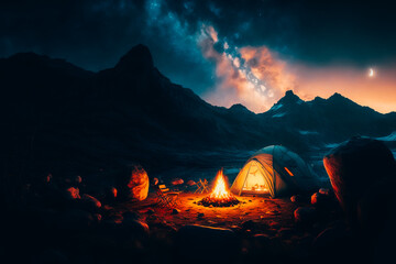 A peaceful and idyllic shot of a minimalist camping setup in the mountains