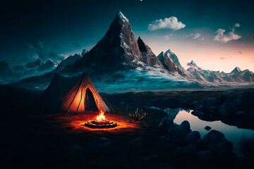 A stunning image of a minimalist camping setup in the mountains, with a small fire burning
