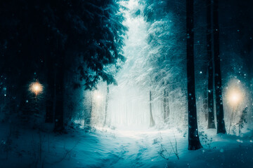 A wide shot of a magical forest during a snowstorm, with the snow-covered trees creating