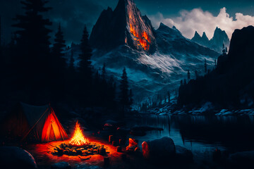 A beautiful and secluded campsite in the mountains, with a small fire providing warmth and light