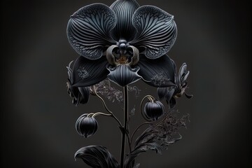 Black orchid on a dark uniform background. Beautiful black flower. AI - obrazy, fototapety, plakaty