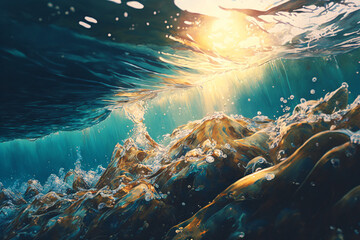 Fototapeta na wymiar underwater scene, water is swirled through the stones, , in the style of water colors, Generative AI